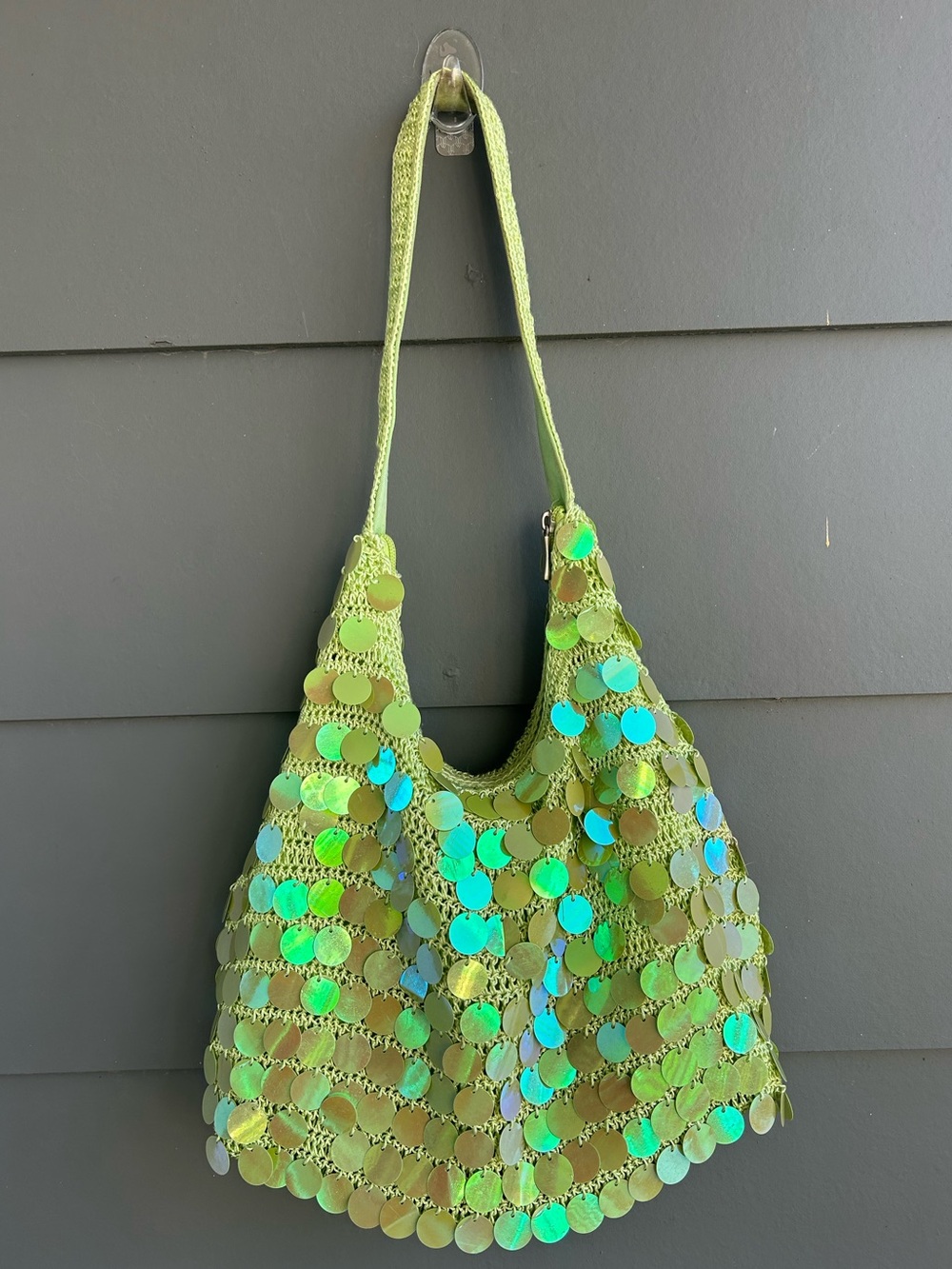 Vintage Y2K Sequin Shiny Coin Chunky Crochet Iridescent Shoulder Bag Purse Green